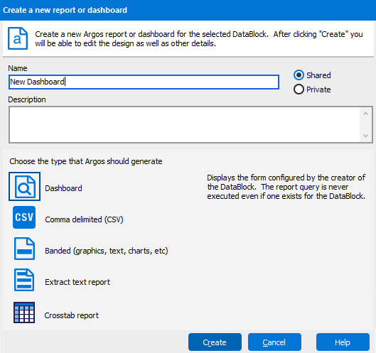 Create new report dialog box with QuickView report selected. Other report types such as comma delimited, Banded, and Extract can also be selected here.